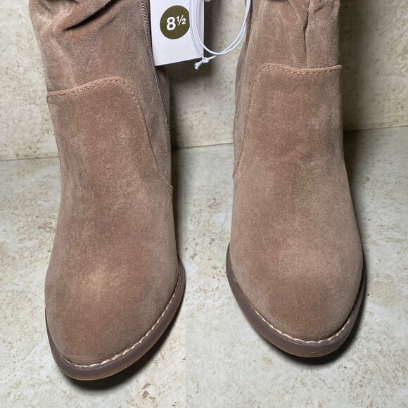 Womens Tan Faux Suede Knee-High Slouch Boots Block Heel Side Zip Boho Western - Picture 2 of 7